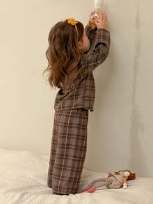 Dazy Kids Infant (Girl) Plaid Collar Long Sleeve Shirt And Long Pants 2 Pieces Set Loungewear Fall - Coffee Brown - View 6