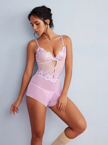 Elorette Women's Floral Embroidered Mesh Camisole Romper - Mauve Purple - View 5