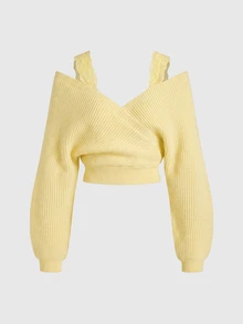 ROMWE Kawaii Shoulder Strap V-Neck Lace Strap Loose Wide Leg Pants Comfortable Home Wear Women's Sweater 2 Pieces Set - Light Yellow - View 9