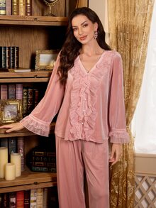PalaceNights Pyjamasset i kraftig flerskiktig sammet med spetskant, patchwork, lång ärm och långa byxor - Rosa - Visa 5