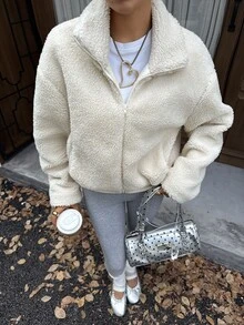 Livesso Cream White Lapel Zip-Up Pocket Loose Drop Shoulder Long Sleeve Casual Fleece Short Jacket - White - View 4