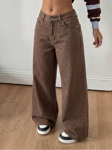 Attitoon Women's Letter Print Wide Leg Jeans - Coffee Brown - View 6
