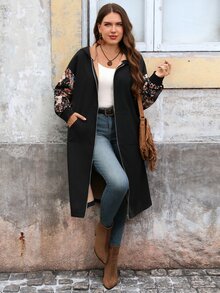 EMERY ROSE Plus Size Women's Floral Print Drop Shoulder Long Sleeve Zipper Front Thermal Lined Hooded Jacket - Black - View 6