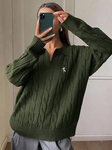 DAZY 女款V領刺繡麻花針織毛衣，寬鬆版型設計，秋冬上衣 - 綠色 - 查看 3