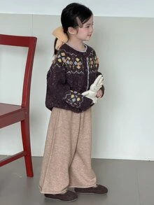 Dazy Kids Young Girl) Autumn/Winter Sweater Pants Wide Leg Thick Basic Young Girl Pants - Apricot - View 4