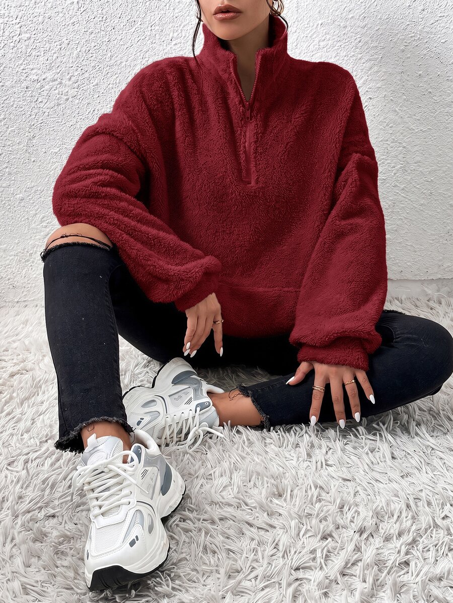 SHEIN EZwear 女款素色立領休閒百搭長袖運動衫 - 酒紅色 - 查看 1