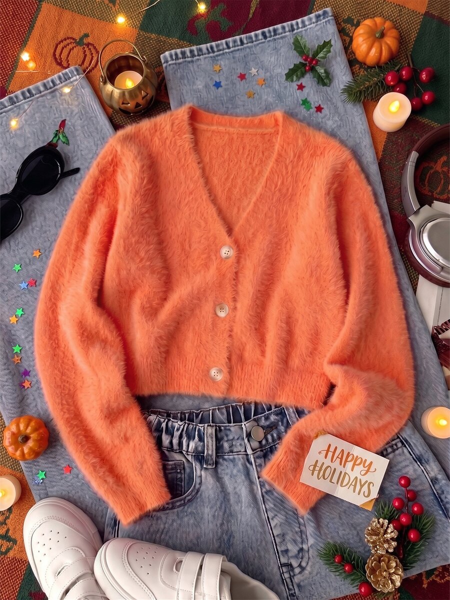 SHEIN Cardigan Rajut Lembut untuk Anak Perempuan, Serbaguna untuk Pemakaian Sehari-hari dan Acara Luar Ruangan, Cocok untuk Pesta Halloween dan Natal. - Jeruk - View 1
