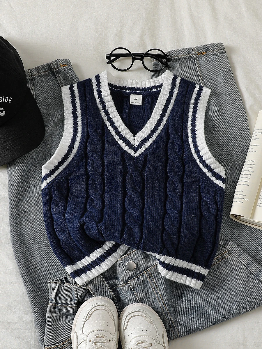 Souflis Souflis Young Boy Striped Colorblock Cable Knit Vest - Navy Blue - View 1