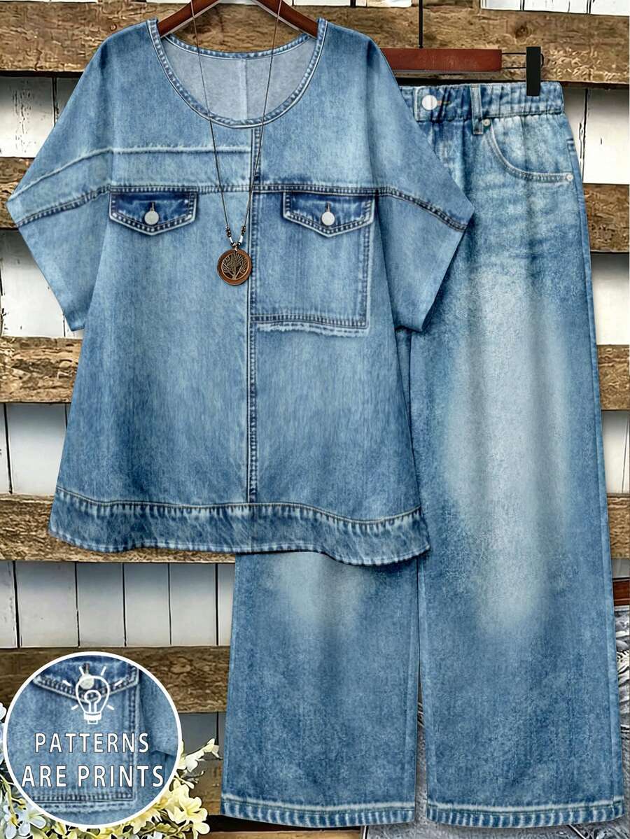 EMERY ROSE Plus Size Women 2 Pieces Outfit, Denim Print Round Neck Short Sleeve Loose Top & Elastic Waist Wide Leg Long Pants Casual Daily Wear Matching Set - Multicolor - View 1