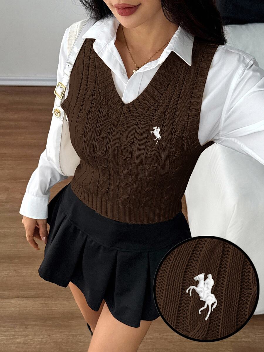 SHEIN PETITE 女款休閒日常針織馬術圖案背心 - 咖啡棕 - 查看 1