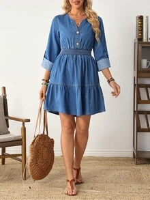 EMERY ROSE Women's V-Neck Pleated Casual Everyday Summer Denim Dress - Blue - View 5