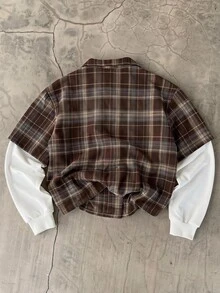 SWAVVY Camisa de hombre a cuadros con patchwork 2 en 1 - Marrón - Ver 2