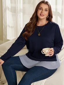Rosumi Plus Size Women's Striped Faux Two-Piece Patchwork Casual Versatile Daily Wear Sweatshirt Winter Clothes Winter Clothes Fall Winter 2026 - Multicolor - View 6