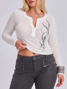 ROMWE Plus Size Y2K Street Style Casual Classic Distressed Slogan Script Print Semi-Sheer Textured Slim Fit Henley Collar Long Sleeve Modal T-Shirt - White - View 7