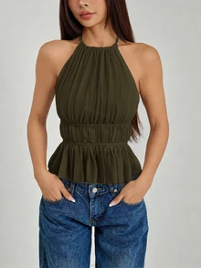 SHEIN PETITE 女款百褶掛脖領綁腰露背背心 - 軍綠色 - 查看 4