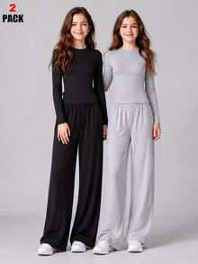 SHEIN 女童休閒舒適修身長袖T恤與舒適鬆緊腰寬腿寬鬆長褲2件套 - 彩色 - 查看 1