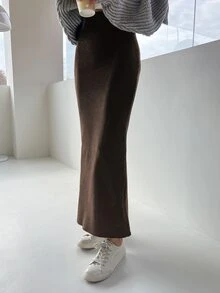 DAZY Women's Solid Color Elastic Waist Casual Mermaid Knit Skirt - Brown - View 4