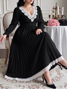 Vibekara Plus Size Women's Lace Patchwork Pleated Elegant Waist-Cinching Party Dress Fall - Black - View 5