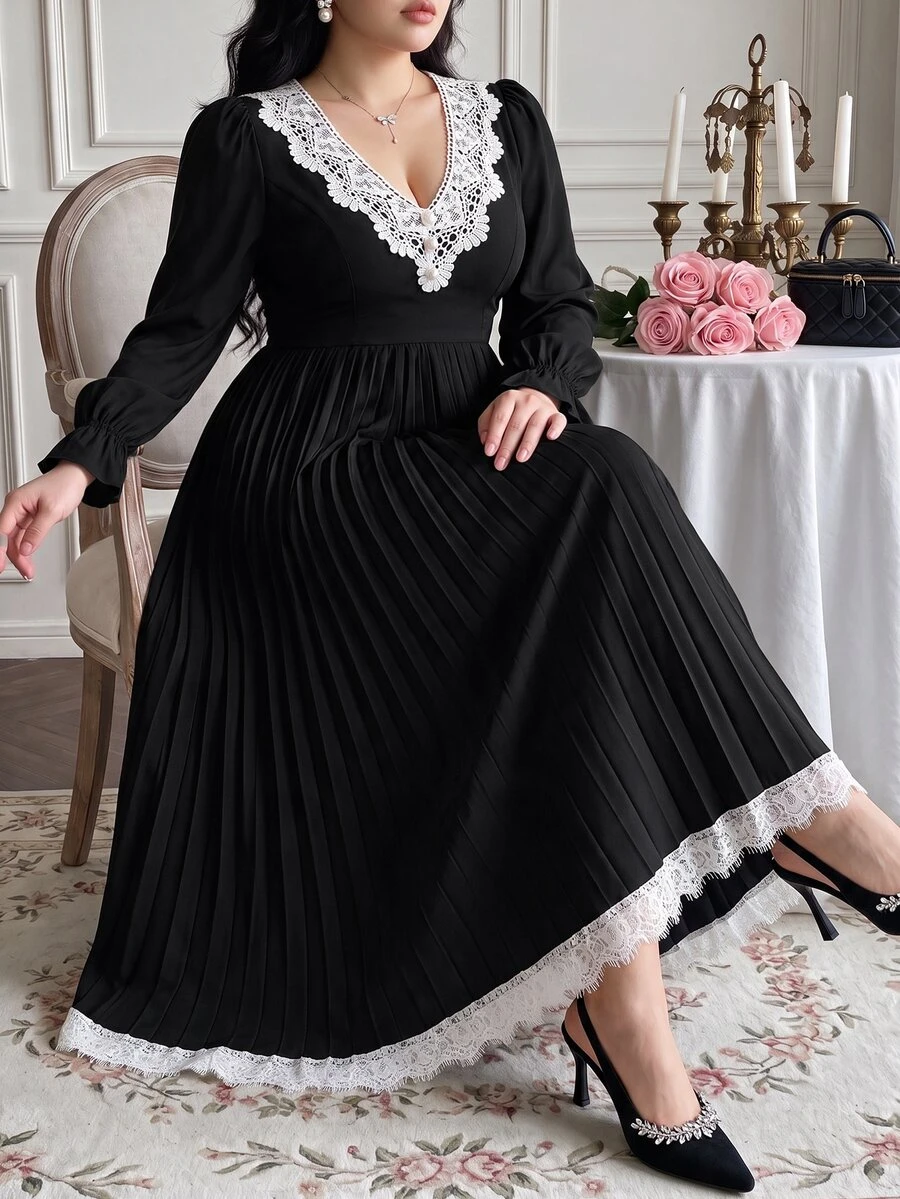 Vibekara Plus Size Women's Lace Patchwork Pleated Elegant Waist-Cinching Party Dress Fall - Black - View 1