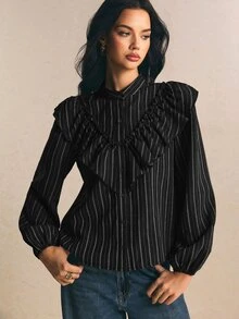 Poéselle 女款條紋長袖單排扣拼接荷葉邊襯衫 - 黑色 - 查看 8