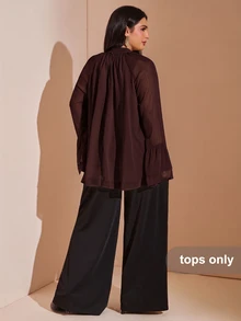 SHEIN BAE CURVE 大尺碼女款棕色長袖V領蕾絲飾邊上衣，喇叭袖上衣，優雅性感，適合約會、通勤、生日派對、外出 - 咖啡棕 - 查看 5