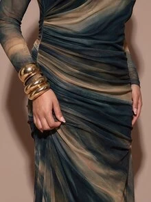 SHEIN BAE CURVE Plus Size Women's Tie-Dye One Shoulder Ruched Dress Fall - Multicolor - View 4