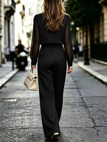 SHEIN Ladies' Luxurious Black Satin V-Neck Semi-Transparent Long-Sleeved Top With Mid-Rise Pants Set, Elegant Ladies' Two Pieces Set - Black - View 3