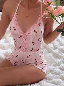 CottageSlumber Women's Lace Patchwork Backless Heart Stripe Print Pajama Romper - Pink - View 5