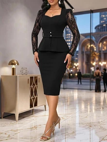 Fleurora Women's Solid Color Sweetheart Neckline Contrast Lace Long Sleeve Top And Pencil Skirt Elegant 2 Pieces Set Dinner Office Black Autumn Formal Wear - Black - View 6