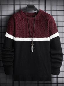 SHEIN 兒童青少年男孩休閒圓領拼色毛衣，適合秋冬、聖誕節、聖誕派對、跨年夜、通勤、上學、日常休閒外出、運動 - 紅色 - 查看 2