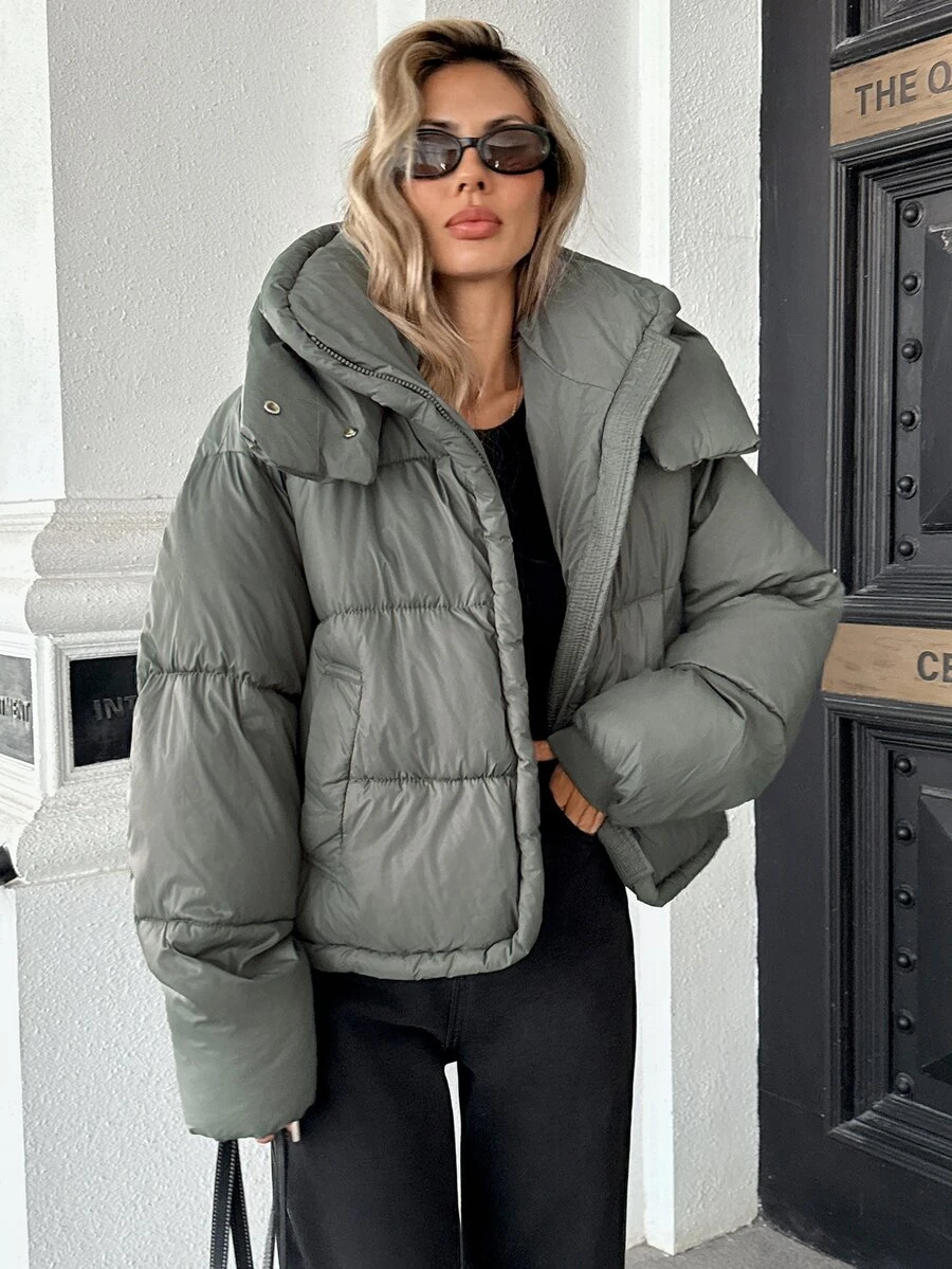 Pariaura Minimalist Commuter Hooded Quilted Jacket With Snap-Button Detachable Hood, Two Styling Options, Large Check Quilted Pattern, Smooth Zipper Placket, Cotton Padded - Grey - View 1
