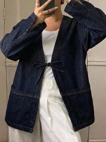 Dazy Plus Dark Wash Vintage Loose Fit Tie-Up Large Pocket Blogger Style Spring/Autumn New Denim Jacket - Dark Wash - View 3
