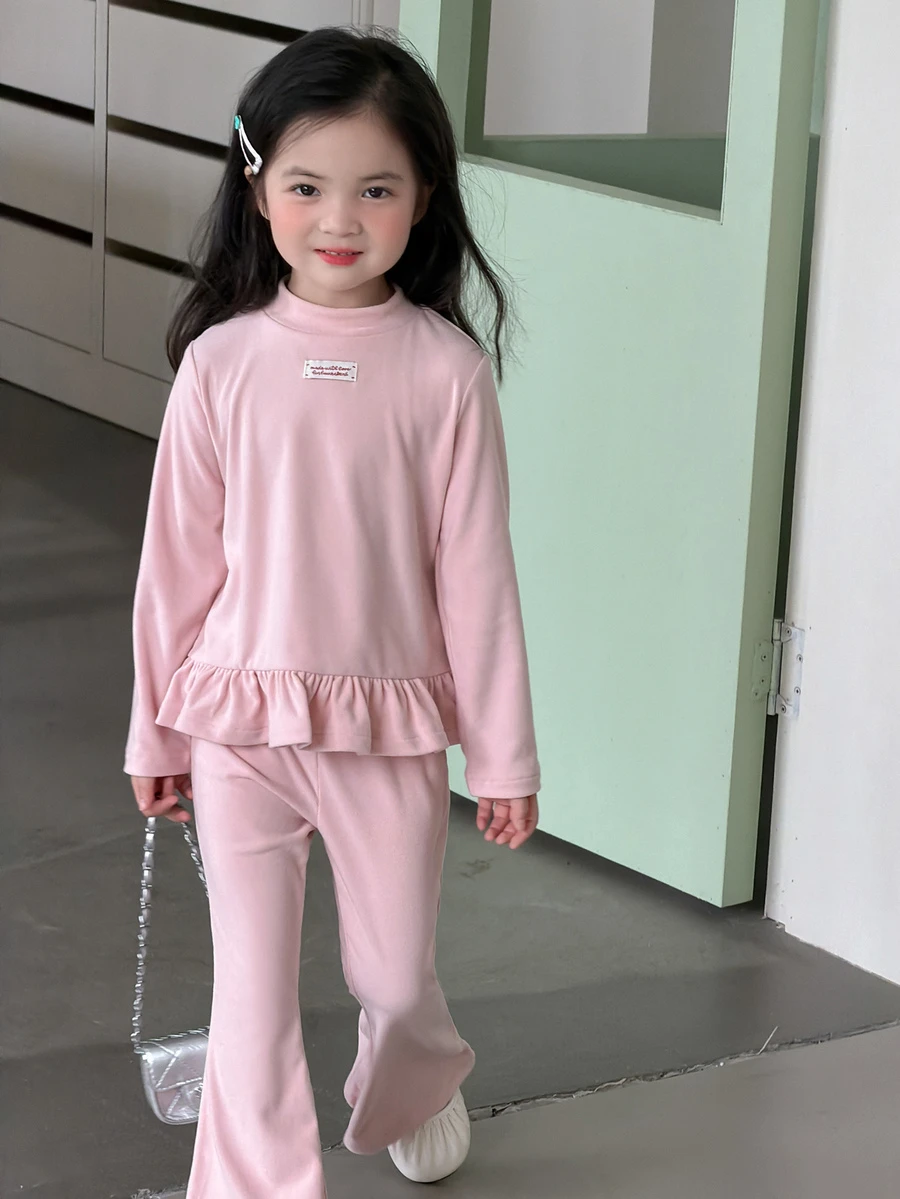 DAZY Young Girl Letter Print Ruffle Hem T-Shirt And Flare Pants Casual Set - Baby Blue - View 1