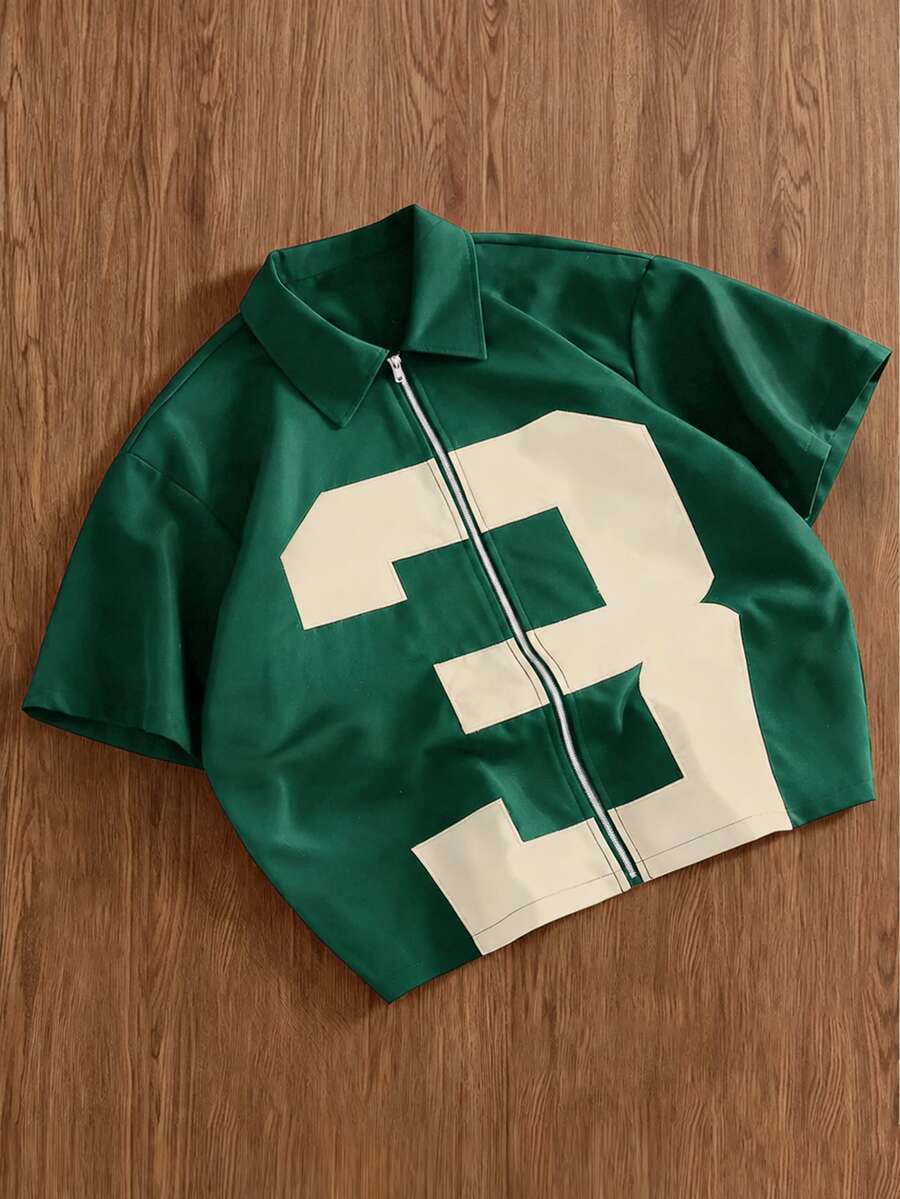 TOKVUE 男士短袖梭織拉鍊門襟方正版型美式復古街頭休閒校園風數位印花寬鬆大尺寸街頭穿搭綠色夏季海灘襯衫 - 墨綠色 - 查看 1