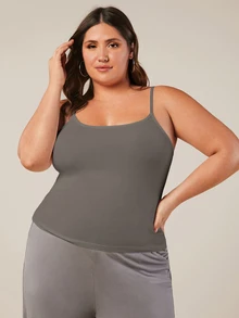 SHEIN BASICS 大尺碼純色細肩帶背心上衣 女款夏季上衣 夏日穿搭 - 深灰色 - 查看 5