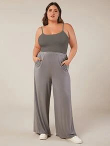 SHEIN BASICS 大尺碼純色細肩帶背心上衣 女款夏季上衣 夏日穿搭 - 深灰色 - 查看 4
