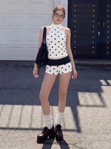 Sweetina Women's 2 Pieces Set: Slim Fit Polka Dot Print Contrast Color Backless Tank Top And Folded Waist Shorts - White - View 4