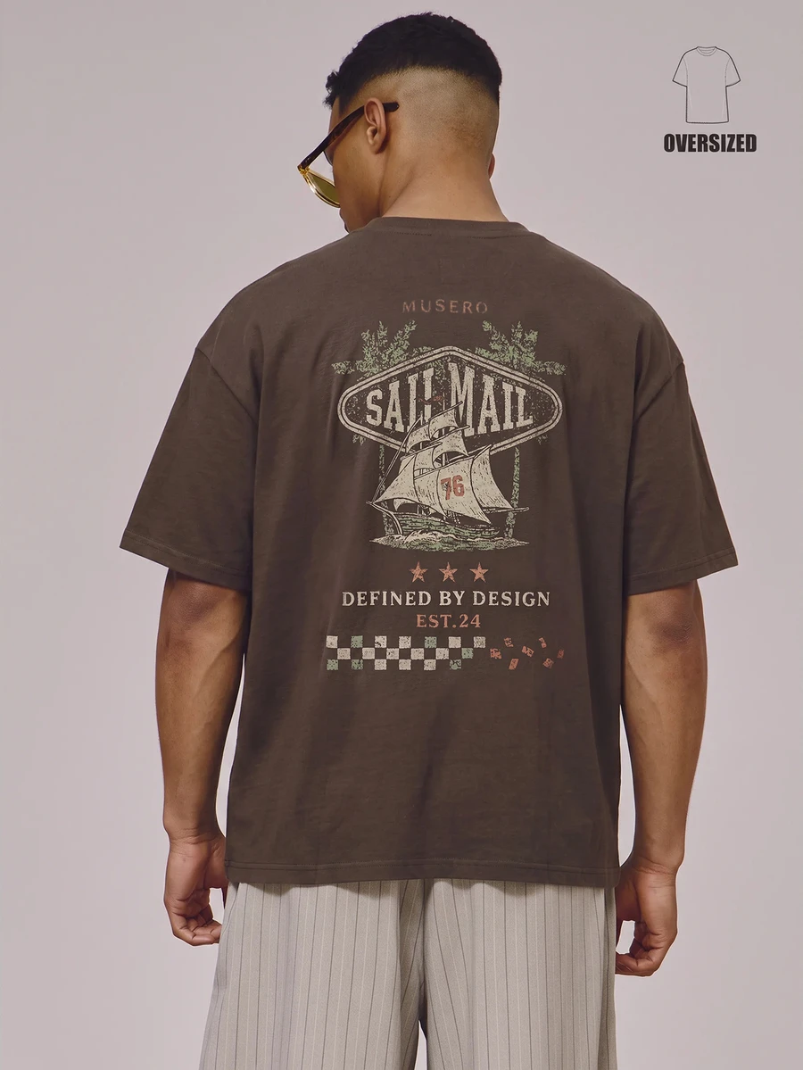 Musero Oversized Crew Neck Short Sleeve Large Back "SAIL MAIL" Washed Graphic Tshirt - Brown - View 1
