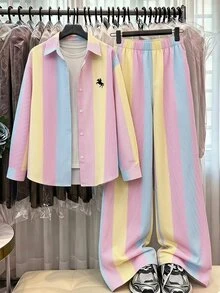 SHEIN Tween女孩彩色條紋Logo印花學院風寬鬆長袖上衣與寬腿褲2件套返校休閒套裝 - 粉色 - 查看 1
