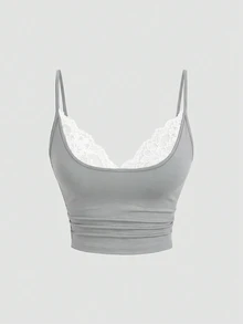 Sweetra Plus Size Women's Sexy Minimalist Sexy Style Lace Patchwork Camisole Top With Backless Design, Slimming Fit - Grey - View 3