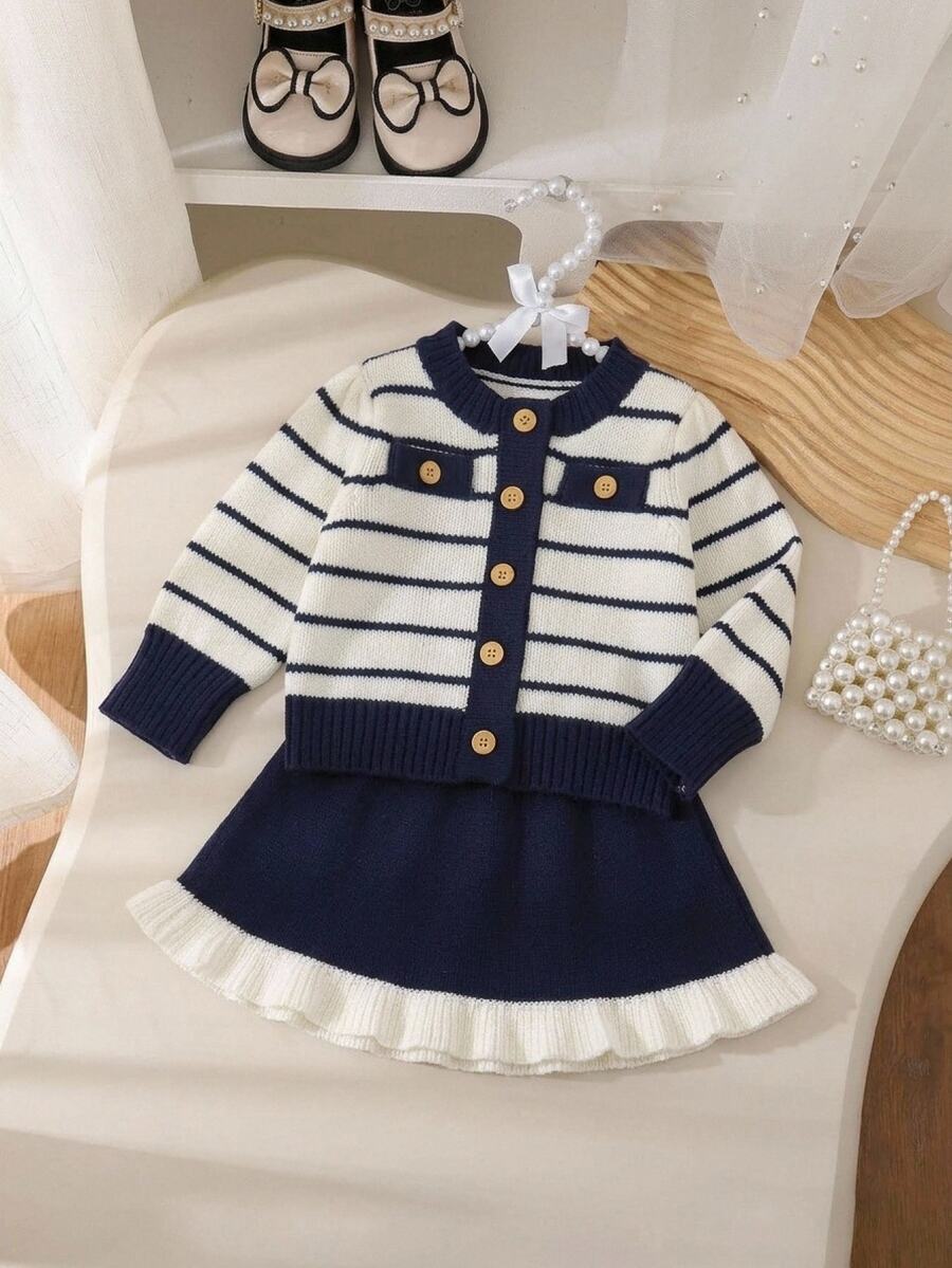 SHEIN Baby Girl Striped Gentle Cute Long Sleeve Button Design Sweater And Ruffle Hem Knitted Skirt Set Suitable For Daily Outings - Navy Blue - View 1