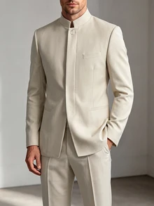Manfinity Mode Men's Solid Color Long Sleeve Jacket And Pants Casual Suit Set - Beige - View 1