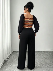 SHEIN LUNE جمبسوت نسائي للخريف/الشتاء للعطلات بتصميم هندسي مرقع وألوان متباينة وياقة مربعة وأكمام فانوس طويلة وساق واسعة - متعدد الألوان - مشاهدة 2