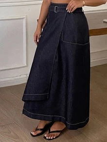 Dazy Plus Cotton High Waist Dark Wash Blue Solid Color Tie Waist A-Line Full Skirt Patchwork Denim Skirt - Dark Wash - View 3