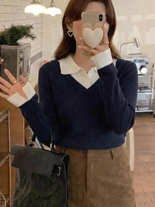 Dazy Plus College Style Color Block Patchwork Versatile Casual Spring/Autumn New Pullover Sweater - Navy Blue - View 3