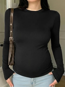 DAZY Solid Color Slim Fit Elastic Long Sleeve Crew Neck Casual Everyday Versatile Spring Autumn Top Maternity T-Shirt - Black - View 4