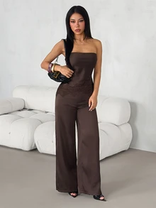 SHEIN PETITE Women's Satin & Lace Patchwork Bandeau Top And Long Pants 2 Pieces Set - Coffee Brown - View 1