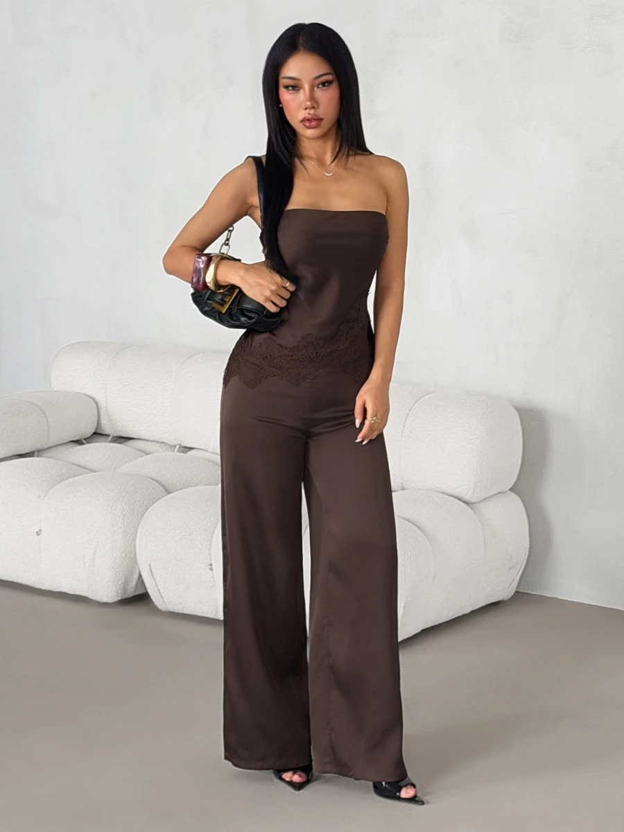 SHEIN PETITE Women's Satin & Lace Patchwork Bandeau Top And Long Pants 2 Pieces Set - Coffee Brown - View 1