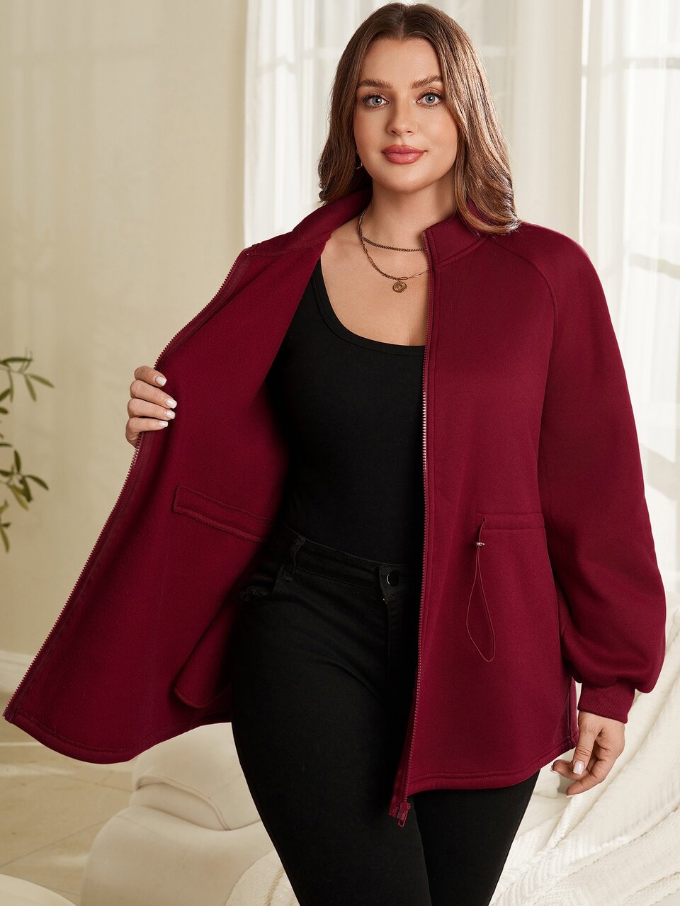 Plus Size Women's Autumn/Winter Casual Solid Color Thermal Lined Burgundy Waist-Cinching Jacket With Pockets,Winter Warm Coat,Christmas,Wine Red