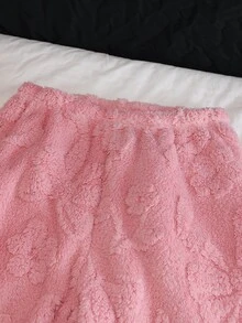 女童 2 件套雙面刷毛提花圓領長袖褲裝舒適居家服 毛絨款 秋冬 - 藕粉色 - 查看 3